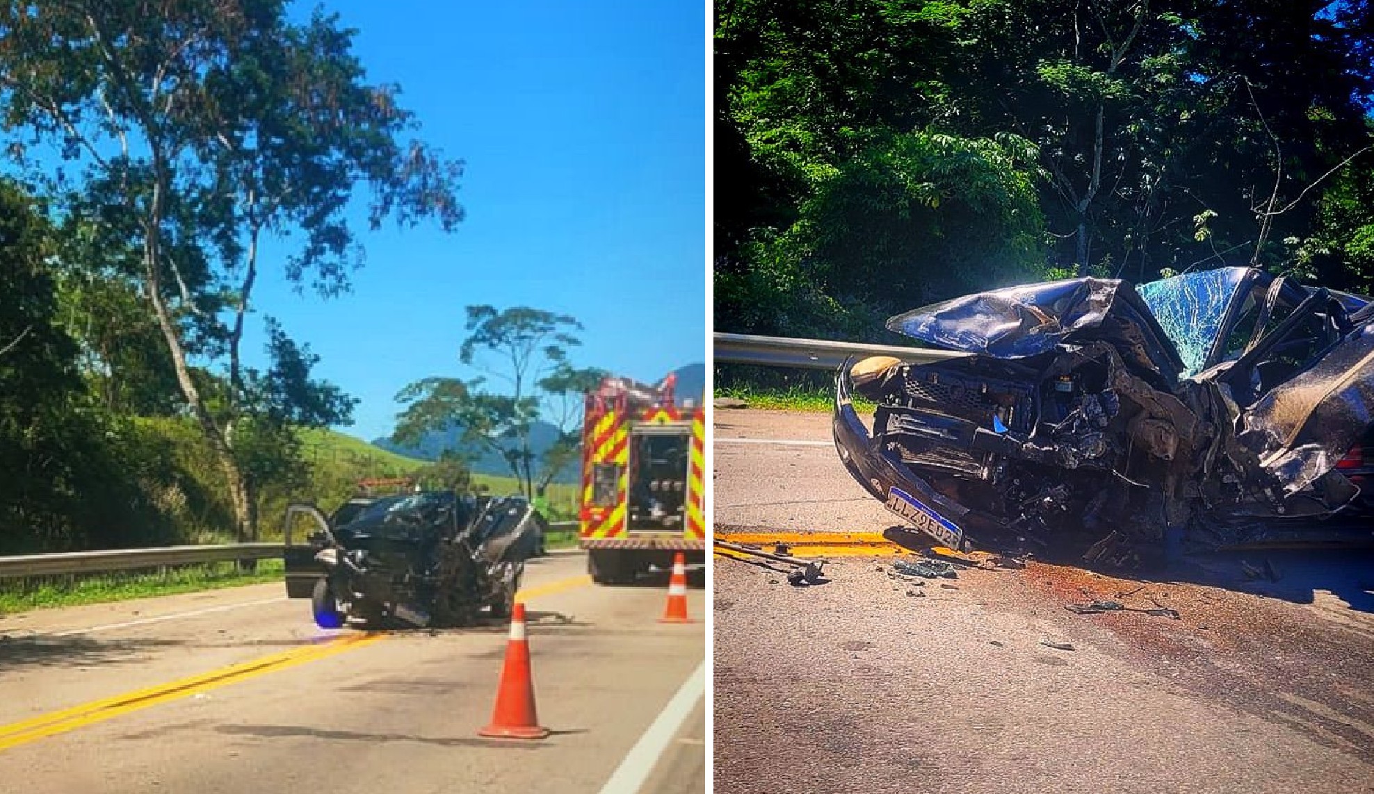 Acidente deixa 6 feridos e carro totalmente destruído com a força da batida na BR-101, em Macaé