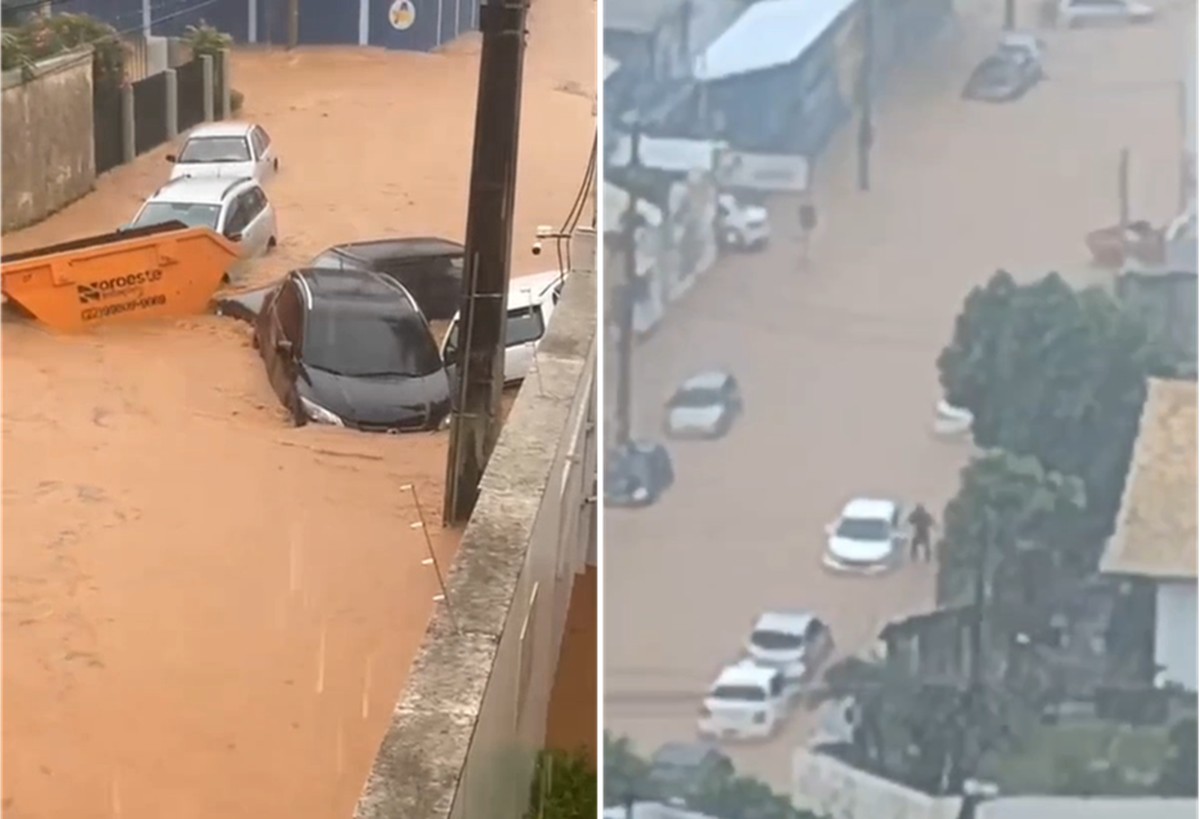 Forte chuva alaga ruas de Itaperuna e arrasta carros e caçamba; VÍDEO