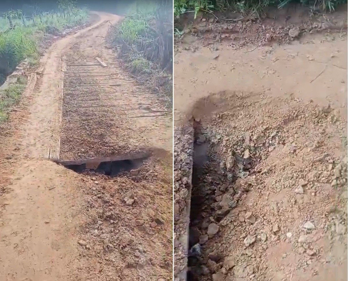 Ponte precária e estrada sem asfalto preocupam moradores na RJ-202, em Cambuci
