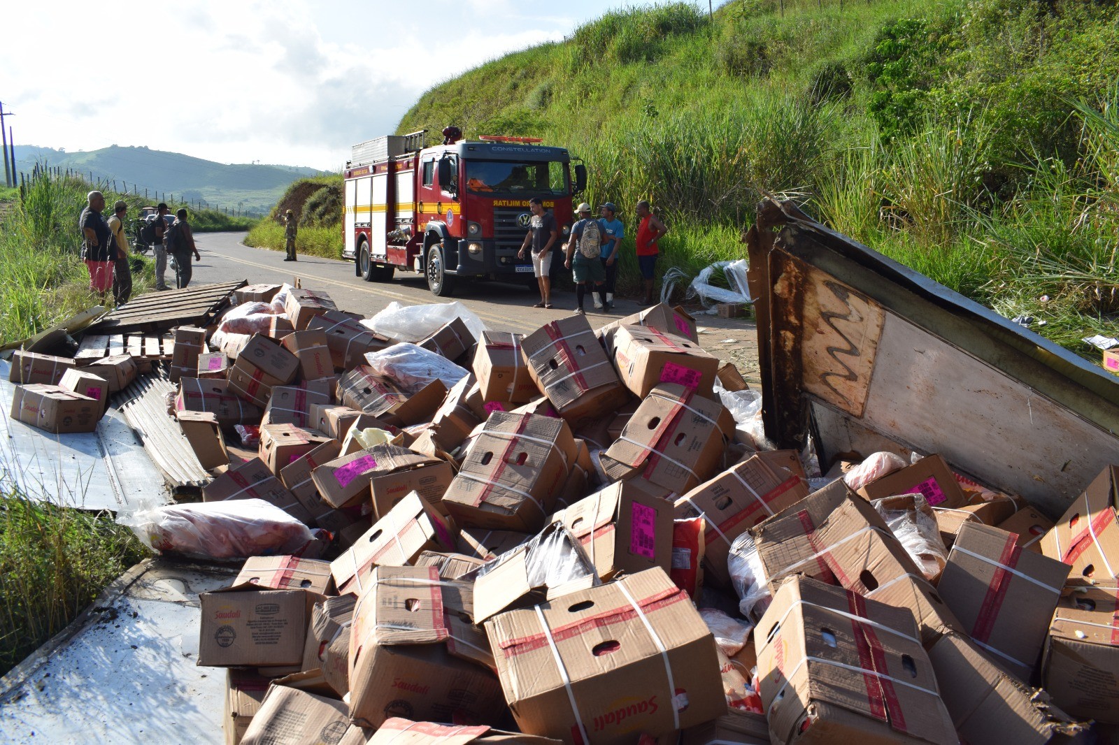 Caminhão carregado de carne suína capota e tem carga saqueada na BR-356