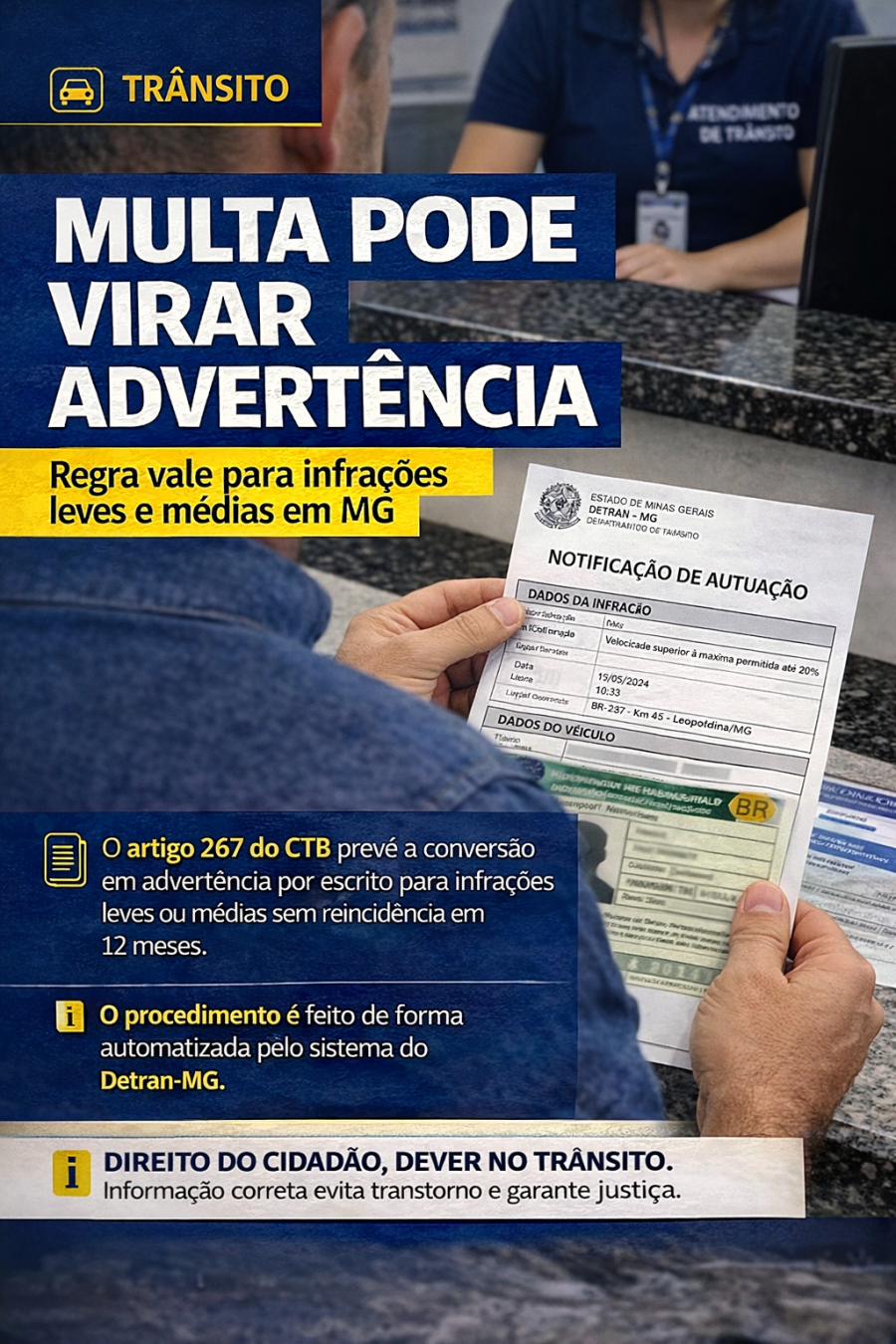 Multas leves e médias podem ser convertidas em advertência por escrito em Minas Gerais
