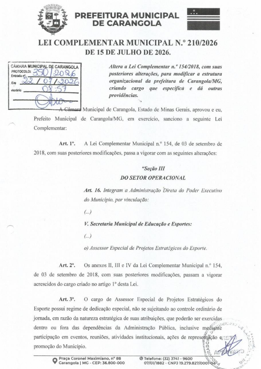 Novas leis ampliam vagas e alteram estrutura administrativa de Carangola