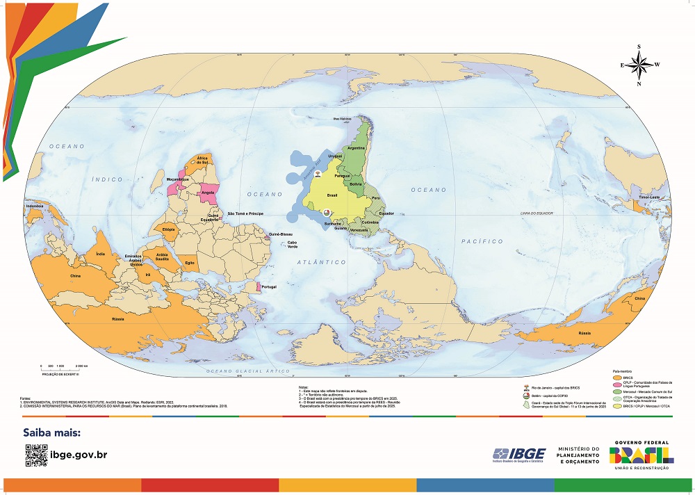 IBGE lança mapa-múndi invertido com Brasil no centro